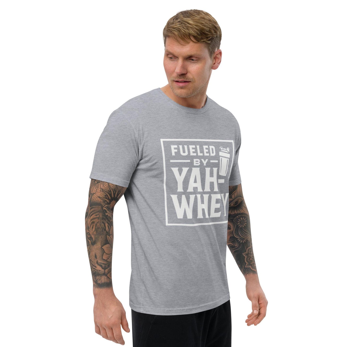 Christian Fitness Tee – “Fueled by Yah-whey” | Funny Faith Gym Shirt