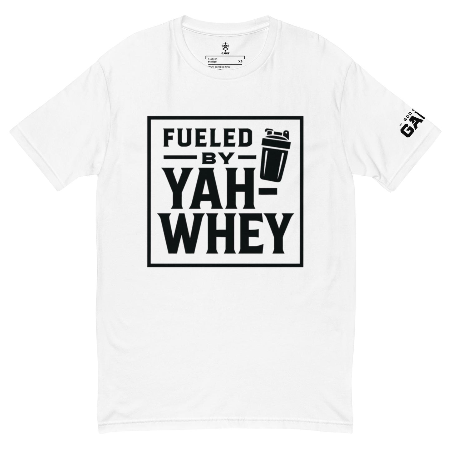 Christian Fitness Tee – “Fueled by Yah-whey” | Funny Faith Gym Shirt