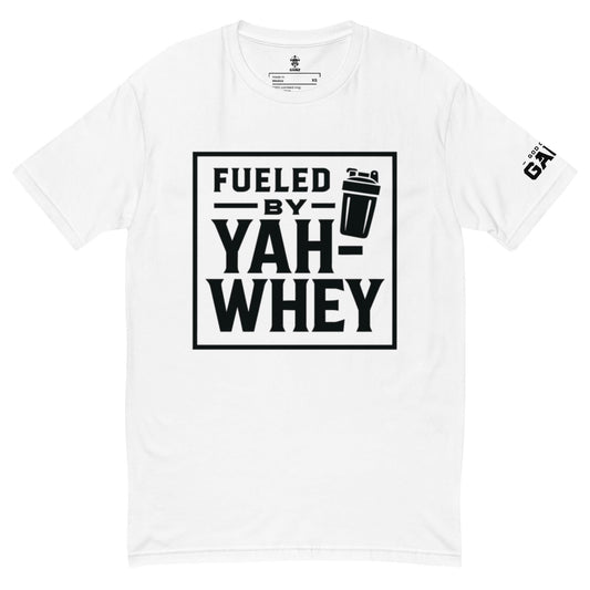 Christian Fitness Tee – “Fueled by Yah-whey” | Funny Faith Gym Shirt