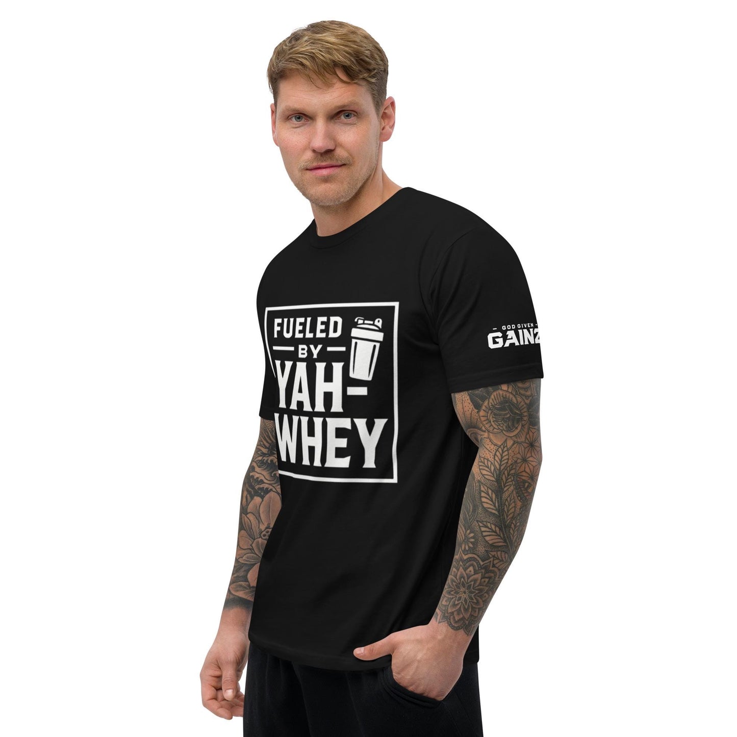 Christian Fitness Tee – “Fueled by Yah-whey” | Funny Faith Gym Shirt