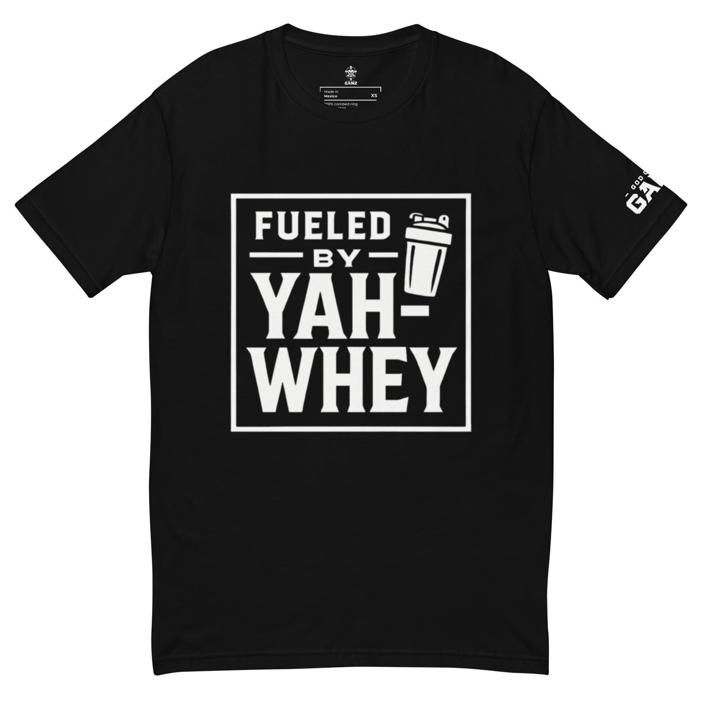 Christian Fitness Tee – “Fueled by Yah-whey” | Funny Faith Gym Shirt