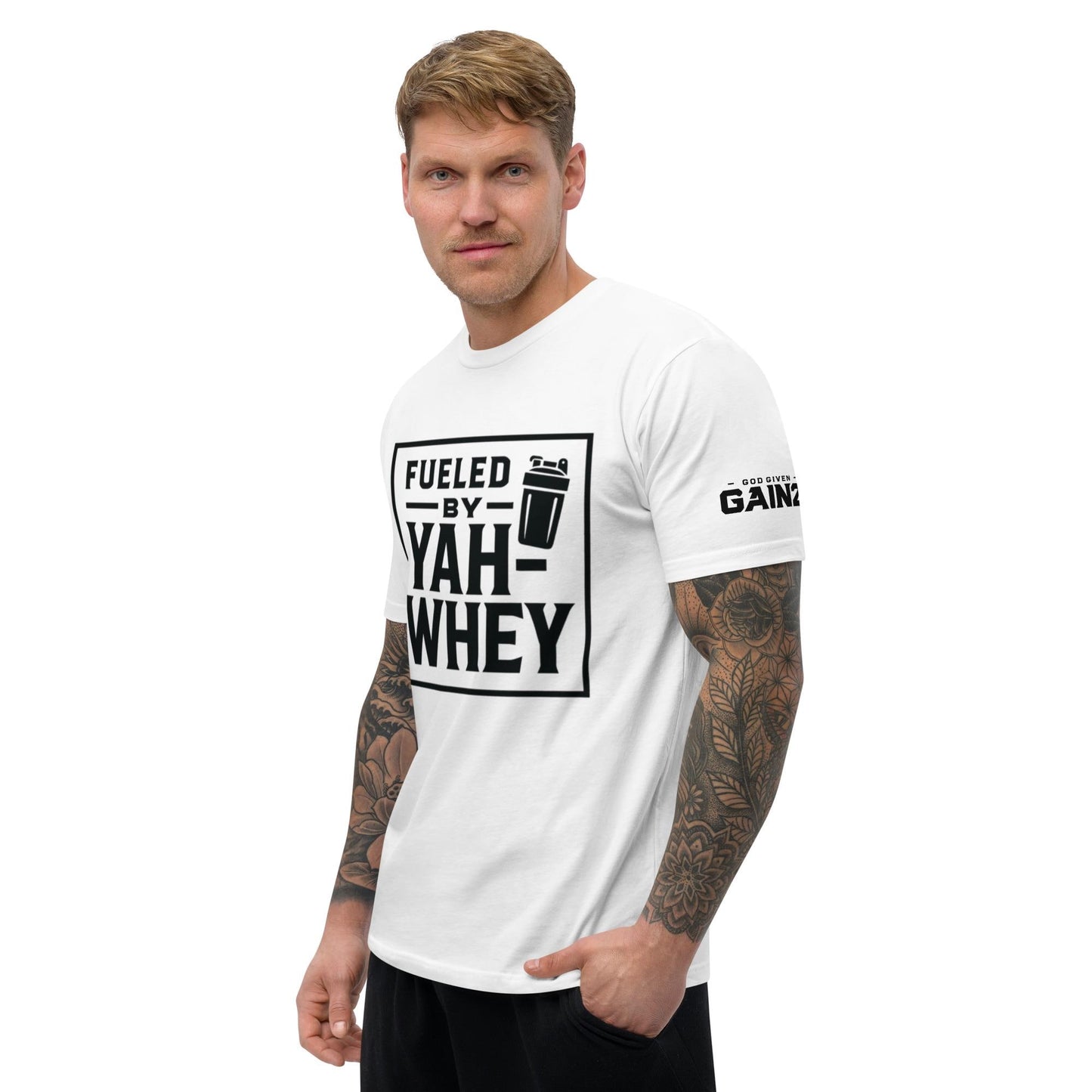 Christian Fitness Tee – “Fueled by Yah-whey” | Funny Faith Gym Shirt